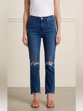 MOTHER High Rise Straight Leg Jeans Raw Hem Distressed Medium Wash Size 26